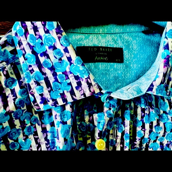 Ted Baker Men’s Button Down Blue Roses w/ Purple Stripes French Cuff Sz 15.5 - Picture 3 of 5